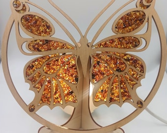 Amber Butterfly Suncatcher: Wood Mandala Window Decoration