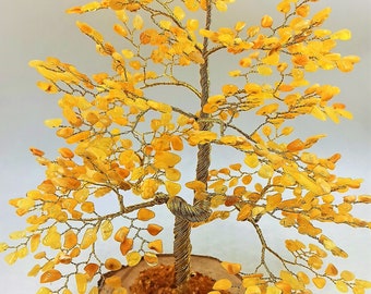 Handmade Baltic Amber Tree Sculpture: White Milky Gemstone Tree of Happiness