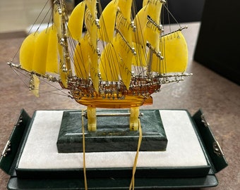 Sterling Silver Amber Ship Sculpture: Baltic Amber Boat on Natural Stone