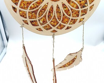 Amber Lotus Dream Catcher: Wood Mandala Window Decor
