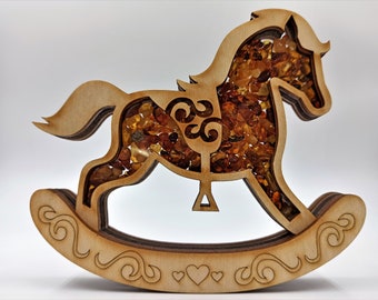 Wooden horse with Amber  100% Natural Amber inside, Swinging horse toy, Handmade Wooden horse, Amber decoration horse