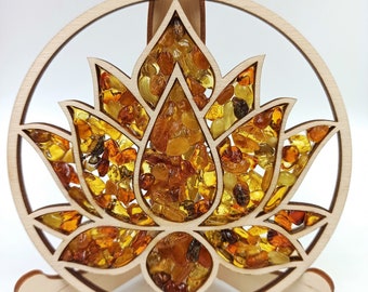 Amber Lotus Suncatcher: Wood Mandala Window Ornament