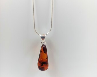 Teardrop Amber Pendant: Natural Stone, Sterling Silver Necklace