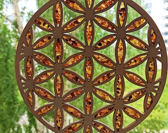 Amber Flower of Life Ornament: Modern Mandala Window Decor