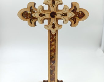 Handmade Wooden Cross with Natural Baltic Amber Decoration