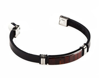 Leather Amber Bracelet: Adjustable Stainless Steel Accent Jewelry