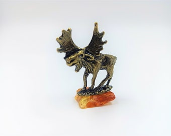 Metal Moose Bonsai with Baltic Amber Stone - Wealth Animal