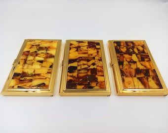 Minimalist Metal Card Holder: Genuine Baltic Amber Wallet SIlver/Gold Color