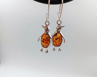 Silver Pinguin Earings With Baltic Amber Stones 925  Animal Earing Made From Silver Incrusted With Amber Stones 100% Natural stones