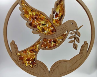 Amber Bird Suncatcher: Wood Mandala Window Decoration