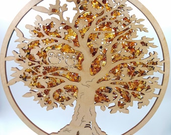 Amber Tree of Life Window Decor: Vitrage Mandala with Birds