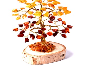 Baltic Amber Tree of Life: Natural Stone Sculpture, Birch Base