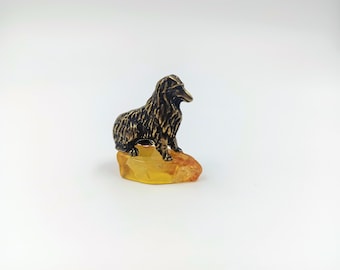 Metal Dog on Baltic Amber Stone: Good Luck Figurine