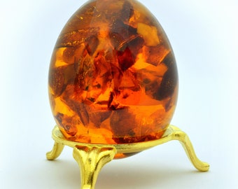 Amber Egg Set With Stand Baltic Amber Chips 2.25" Inside  Easter Resin Chicken sized Egg