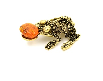 Amber Money Frog Sculpture: Baltic Amber Stone, Metal Decoration