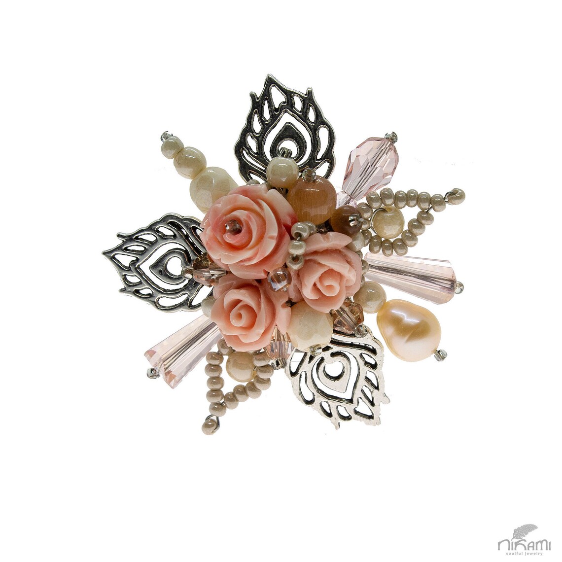 Light pink handmade brooch with beads and flowers for women Etsy