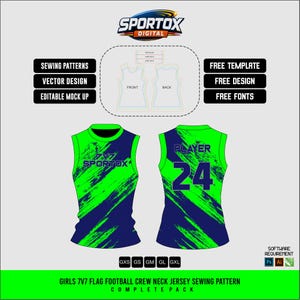 Könnte beinhalten: Ein digitales Schnittmuster für ein ärmelloses Trikot mit Rundhalsausschnitt in einem abstrakten Pinselstrich-Design in Hellgrün und Marineblau. Die Vorderseite zeigt den Text 7v7 SPORTOX, die Rückseite das Wort PLAYER und die Zahl 24.
