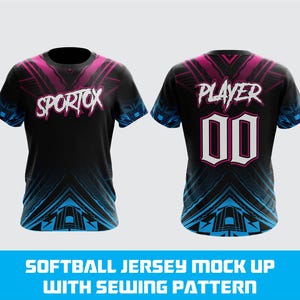 May include: Black softball jersey mock-up with a blue and pink geometric design. The front displays "SPORTOX" in white text, while the back shows "PLAYER" and the number "00". The jersey is size adult large. The bottom of the image reads "SOFTBALL JERSEY MOCK UP WITH SEWING PATTERN".