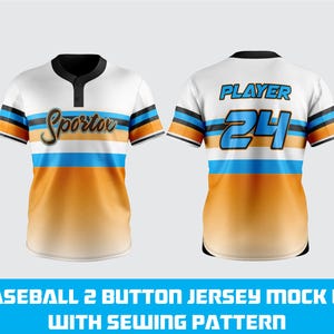 May include: Baseball jersey mock-up with front and back views. The white jersey has orange, blue, and black stripes. The front has the word "Sportov" and the back has "PLAYER 24". The jersey is adult large.