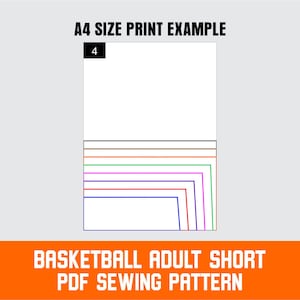 "A4 size print example of a basketball adult shorts PDF sewing pattern. The image shows a preview of one A4 page (labeled 4) from the printable pattern, featuring multiple size outlines in different colors. Text at the bottom reads: 'Basketball Adult Short PDF Sewing Pattern' in bold white font over an orange background."