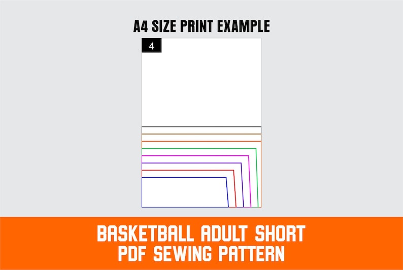 "A4 size print example of a basketball adult shorts PDF sewing pattern. The image shows a preview of one A4 page (labeled 4) from the printable pattern, featuring multiple size outlines in different colors. Text at the bottom reads: 'Basketball Adult Short PDF Sewing Pattern' in bold white font over an orange background."