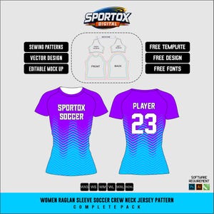 Women Raglan Sleeve Soccer Jersey Sewing Pattern PDF | Crew Neck Sports Shirt Template | Complete Pack WXS-W2XL