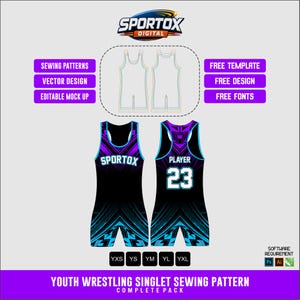 May include: Black and purple youth wrestling singlet sewing pattern with the Sportox logo and the word "PLAYER" with the number "23". Includes vector design, editable mock up, and free fonts. Available in sizes YXS to YXL.
