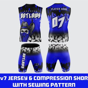 May include: A blue and white sleeveless jersey with the word "OUTLAWS" in white letters and a skull graphic. A matching pair of blue and white compression shorts with the word "OUTLAWS" on the side. The jersey has the number "07" on the front and the text "PLAYER NAME" above it. The jersey and shorts are for a 7v7 sports team.