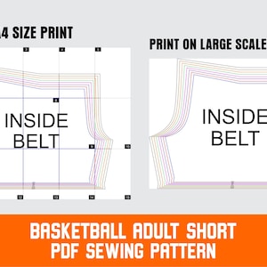 "Basketball shorts sewing pattern PDF showing A4 size print layout and large scale print option with color-coded size lines from XS to 4XL"