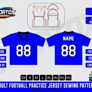 May include: Blue football practice jersey sewing pattern with the number 88. Includes vector design, sewing patterns, and editable mock-up. Available in sizes XS to 4XL. The text "ADULT FOOTBALL PRACTICE JERSEY SEWING PATTERN" is displayed.