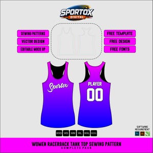 Puede incluir: Un diseño digital para un patrón de costura de camiseta sin mangas de espalda nadadora para mujer. El diseño presenta una camiseta sin mangas con degradado púrpura y azul con la palabra "Sportor" en la parte delantera y "PLAYER 00" en la trasera. Incluye "SEWING PATTERNS", "VECTOR DESIGN" y "EDITABLE MOCK UP".