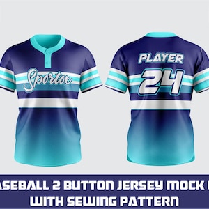 Può includere: Un mockup di maglia da baseball blu navy e turchese, con la scritta "Sportor" e il numero "24". La maglia ha un design a due bottoni e strisce bianche. Il testo "Baseball 2 Button Jersey Mock Up With Sewing Pattern" è in basso.