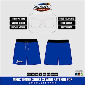 Könnte beinhalten: Ein digitales Schnittmuster für blaue Sportshorts mit schwarzem Bund und Kordelzug. Die Grafik zeigt Vorder- und Rückansichten, technische Beschriftungen, Größen von AXS bis A4XL sowie den Text Sportox Digital und Mens Tennis Short Sewing Pattern PDF.