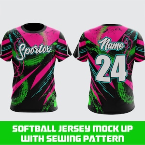 May include: A black softball jersey mock-up with a pink, green, and blue design. The front of the jersey has the word "Sportov" in white script. The back of the jersey has the number 24 in white. The size is adult large.