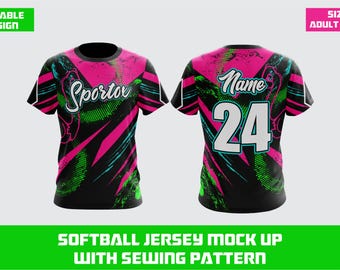 Modello di maglia da softball / Cartamodello per sublimazione modificabile / CDR, PDF, AI / Design uniforme sportiva neon / Taglia grande da adulto