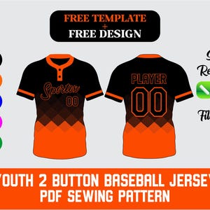 Può includere: Design di maglia da baseball giovanile nera e arancione. La maglia presenta la scritta "Sportex" e il numero "00" sul davanti, e "PLAYER" e "00" sul retro. L'immagine include il testo "FREE TEMPLATE + FREE DESIGN" e "YOUTH 2 BUTTON BASEBALL JERSEY PDF SEWING PATTERN".