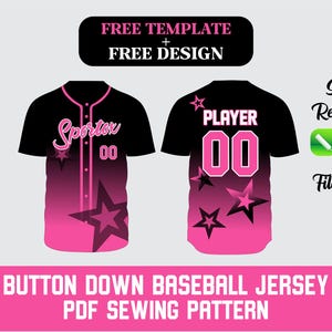 以下が含まれることがあります： 「Sportor」の文字と数字「00」が入った、黒とピンクの野球ジャージのデザイン。ジャージは星のデザインで、背中には「PLAYER」と「00」の文字が入っています。画像には「FREE TEMPLATE + FREE DESIGN」の文字も含まれています。