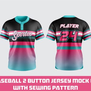 May include: Baseball jersey mock-up with a black, pink, and teal color scheme. The front features the word "Sportov" in white script, while the back displays "PLAYER" and the number "24". The jersey has a button-up design and short sleeves. The size is adult large.