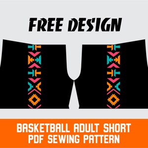 "Basketball adult shorts PDF sewing pattern with tribal side design, available in sizes XS to 4XL, instant digital download, DIY printable sportswear template"