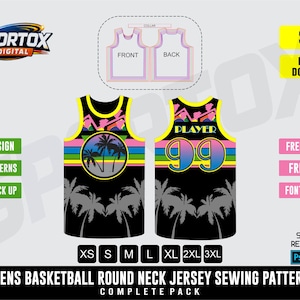 May include: A black basketball jersey design with a tropical theme, featuring palm trees and a sunset graphic. The jersey includes the number 99 and the word "PLAYER". The image also shows a front and back view of the jersey design, along with the text "SALE" and "INSTANT DOWNLOAD".