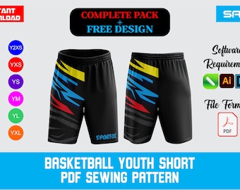 Youth Basketball Shorts Sewing Pattern PDF | Digital Sports Shorts Template | DIY Athletic Shorts for Kids | Printable Sizes Y2XS to YXL