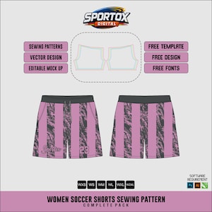 Puede incluir: Diagrama de un patrón de costura de pantalones cortos de fútbol para mujer. Los pantalones cortos son rosas con rayas verticales negras y una cintura gris. La imagen incluye el logotipo de Sportox Digital, opciones de tallas y el texto: "Sewing Patterns", "Vector Design" y "Editable Mock Up".