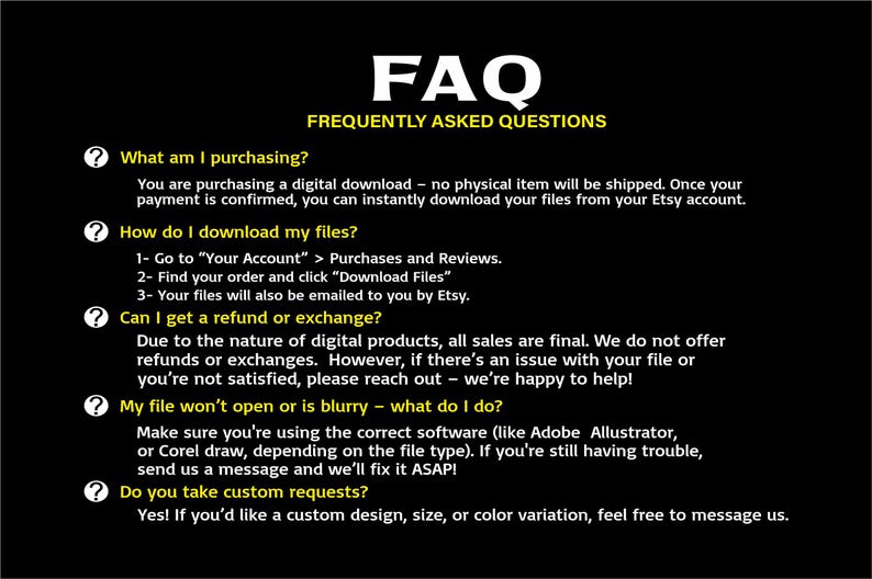 "FAQ about digital sewing pattern downloads – refunds, file issues, and custom requests."