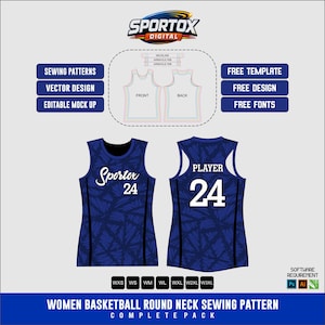 May include: A digital sewing pattern for a basketball jersey featuring a blue and dark blue abstract leaf pattern. The design includes the text Sportox 24 on the front and the word PLAYER with the number 24 on the back, with size options from WXS to W3XL.