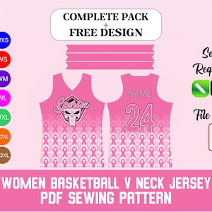 Mönster för baskettröja för kvinnor i PDF-format | Mall för sportkläder med V-ringning | Gör-det-själv-laguniform | Utskrivbar digital nedladdning