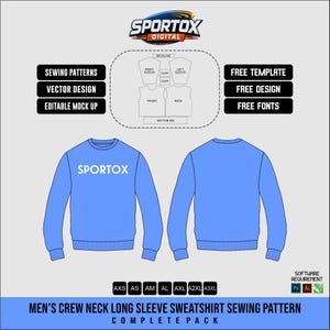 Può includere: Un cartamodello digitale per una felpa girocollo a maniche lunghe color azzurro, con viste frontali e posteriori, layout tecnico dei pezzi e il testo Sportox Digital. Include etichette di taglia dalla AXS alla A3XL e icone di software.