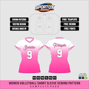 May include: A digital sewing pattern for a short-sleeve volleyball jersey featuring a white-to-pink gradient. The design includes front and back views with the text Sportox and Player, the number 9, and a technical layout showing sleeve and neck pieces.