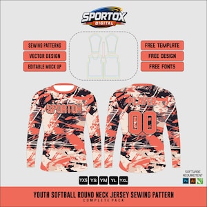 Pode incluir: Um padrão de costura de camisa de softball de gola redonda juvenil com um pacote completo. O design da camisa apresenta um padrão de camuflagem em tons de laranja, preto e branco. A frente da camisa exibe o texto "SPORTOH". A parte de trás da camisa tem a palavra "PLAYER" e o número "00".