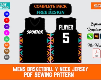 Patrón de costura para camiseta de baloncesto / Camiseta deportiva de cuello en V para adultos (Descarga PDF, tallas XS-4XL)