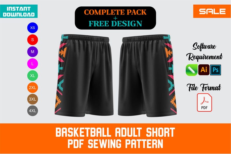 "Basketball adult shorts PDF sewing pattern with tribal side design, available in sizes XS to 4XL, instant digital download, DIY printable sportswear template"